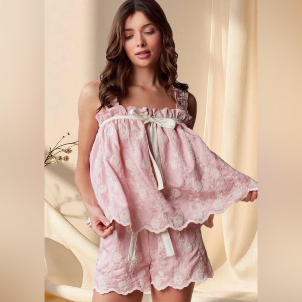 Pink Lace Ruffle Pajama Set | Romantic Floral Sleepwear Cami & Shorts